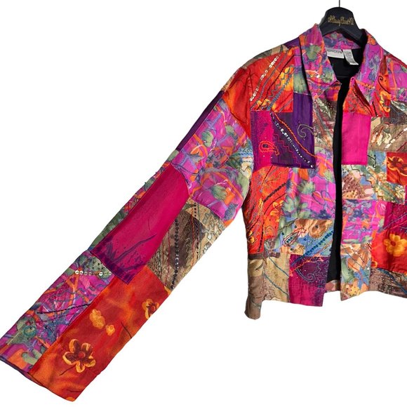 Chico's Pink Purple Patchwork Sequin Beads Embroidered Silk Blend Jacket M - Picture 10 of 11
